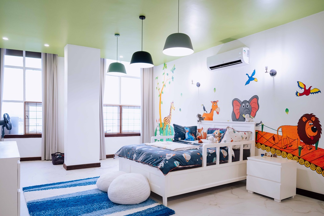 Timbercraft kids bedroom set up against painted accent wall