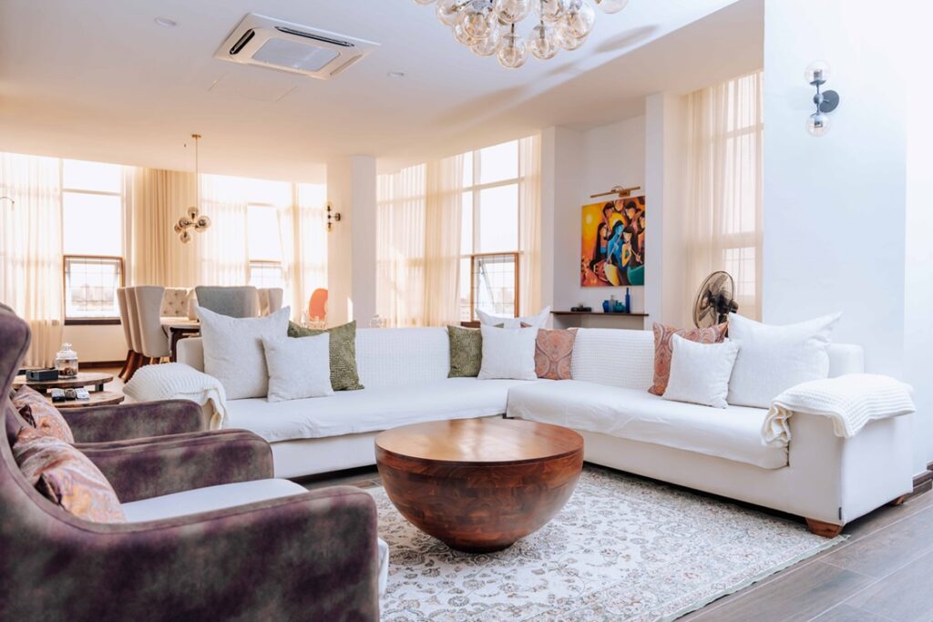 Timbercraft white l shaped sofa