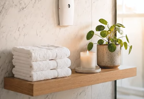 timbercraft pure scent candle on a bathroom wooden floating shelf